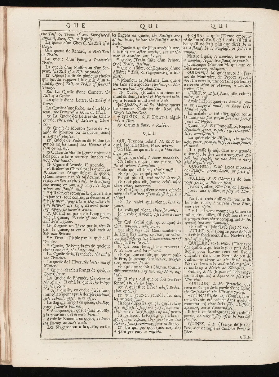 An antique dictionary page set in two columns, entries beginning with Que and Qui