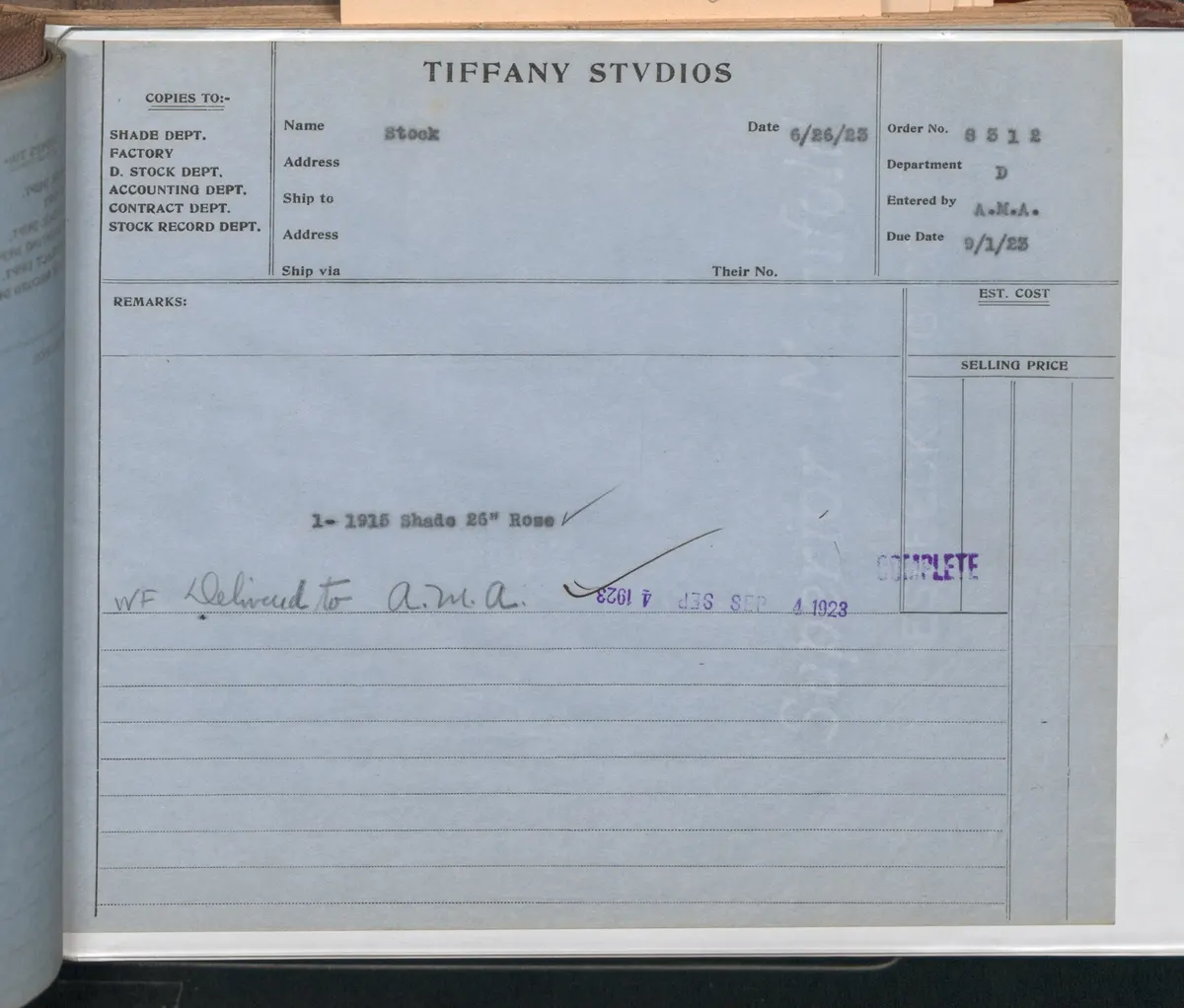 A pale blue order slip from a 1920s company ledger, stamped complete and marked delivered
